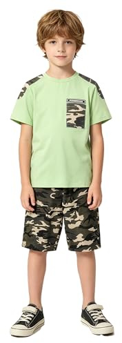 LOLANTA Pojkar sommarkläder vardaglig outfit barn shorts och t-shirts set kamouflage tryck, grön/blå/svart/vit, 5-12 år, ljusgrön, 5-6 Years