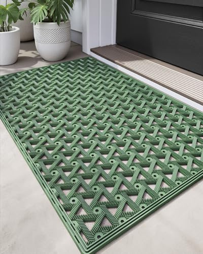 DEXI Front Door Mat Outside Entrance Rubber 19x30, Welcome Floor Doormat Heavy Duty Non Slip, Dirt Trapper Waterproof Exterior Entry Mats All Weather for Patio Entryway Drainage, Green
