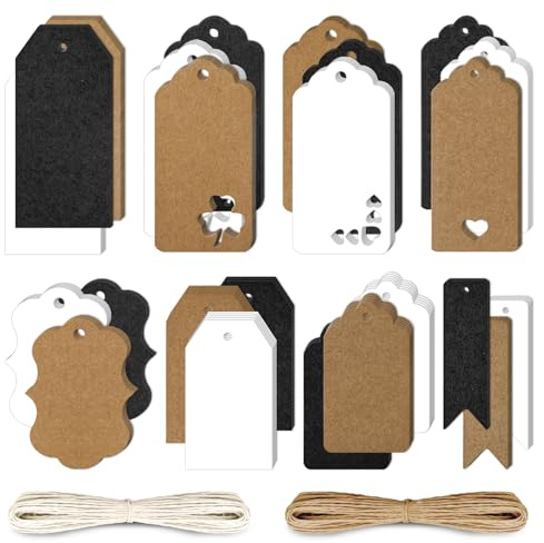 200 Stück Geschenkanhänger aus Kraftpapier in 8 Designs, blanko, beschreibbare Display-Etiketten mit 20 Metern Papierschnur für die Kartengestaltung bei Hochzeiten, Geburtstagen und Partys (Wavy)