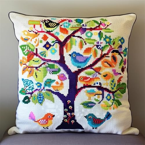 Kit Coussin Point de Croix Arbre Coussin à Broder Artisanal 45X45cm Coussin Brodé avec Fil et Aiguille à Broder Décoration Point de Croix Complet Broderie Pré-imprimé DIY pour Adulte la Chambre