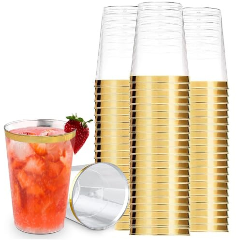 YWKJDDM Lot de 30 gobelets en plastique rigide transparent à bords dorés avec bord élégant en or rose pour champagne, bière, cocktail, martini, soda, dessert - 355 ml