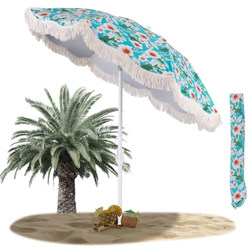 RELAX4LIFE Fransen Sonnenschirm, Strandschirm Windfest Stabil, Gartenschirm Ø200 cm Neigbar, Terrassenschirm Rund mit Quasten, UV Schutz, Quastenschirm mit Tragetasche & Bodenhülse