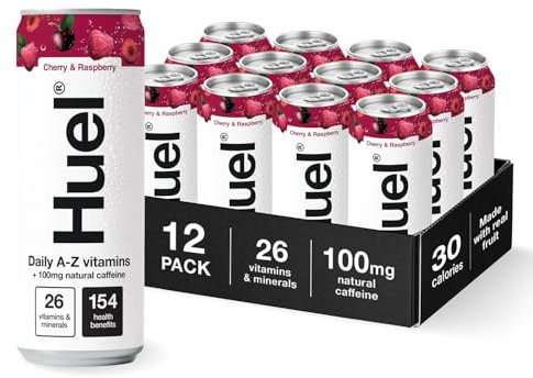 Huel Daily A-Z Vitamins Energy Drink, 12 x 330ml Cans, Cherry & Raspberry Sparkling Multivitamin Energy Drink, Fizzy Drinks Made with Real Fruit, Rich in Electrolytes, Low Calorie, Caffeine Boost
