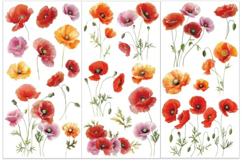 OLYCRAFT 3 Stück/Set Mohnblumen Transferfolien Zum Aufreiben Für Bastelarbeiten Und Möbel 15x30cm Transferaufkleber Mit Blumendekor Möbel Transferaufkleber Selbstklebende Blumen Aufkleber