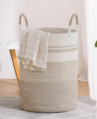 SaiXuan XXXL Cesto Portabiancheria Sporca Intrecciato in Cotone con Manico, 50L Cesta Porta Oggetti in Corda di Cotone, per Camera da Letto, Bagno, Giocattoli e Organizzazione, Resistente, 37x47cm