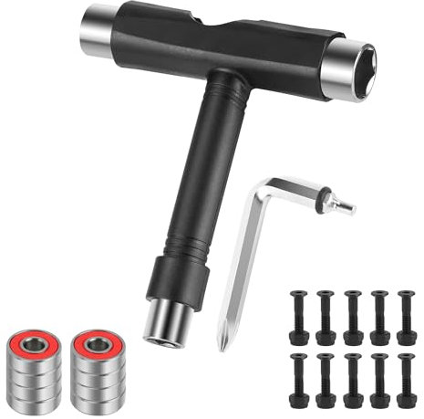 TYSM-CC Skateboard-Tool Schraubenschlüssel 20 Stück multifunktionales Skateboard Werkzeug T Tool Zubehör 8 Stück 608 RS Skateboard Kugellager für Longboard, Skate