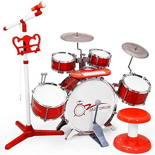 Bakaji Musikinstrument Spielzeug Licht und Sound mit 5 Trommeln 2 Platten Mikrofon Platte DJ Hocker und MP3-Player AUX-Eingang für Smartphone und Tablet