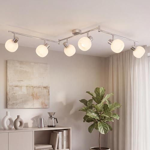 Deboola Deckenstrahler 6 Flammig Deckenleuchte Wohnzimmer - Deckenlampe | Weiß Strahler Innen Vintage Glas Deckenspots E14 Morden Design 350°Schwenkbar Spots für Schlafzimmer Flur(Ohne Leuchtmittel)