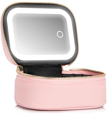 Mini Makeup Bag with Led Mirror, Small Travel Make up Bag 3 Light Modes Adjustable Brightness, for Women Organizer Cosmetic Bag, Portable Travel Train Toiletry Bag, for Pool Parties Work Touch-Ups