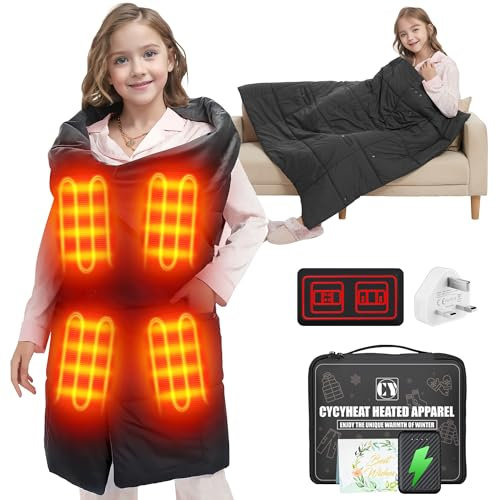 CYCYHEAT Kids Heated Blanket Battery Operated - Boys and Girls 7.4V DC Portable Wireless Cordless USB Heating Blanket for Outdoors (Black)