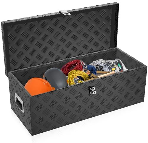 HENGMEI Aluminium Transportbox Werkzeugkiste Anhänger, Werkzeugkasten, Deichselbox mit Schloss, Wasserdicht Metallbox für Aufbewahrungswerkzeuge, 760x330x245 mm, Schwarz