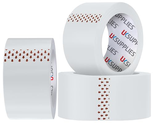 UK SUPPLIES LIMITED 3 Rolls LOW NOISE Premium White Packaging Tape (All Packs & Colors) 48MM X 66M Extra Strong Secure Sticky Adhesive Durable Parcel Sealing Tape for Packing Boxes & Moving Houses