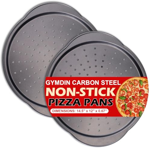 Gymdin Pizza Pan for Oven - 13 Round Pizza Pans with Holes(2 Pack), Non-stick Carbon Steel Pizza Trays with Handle, Easy to Clean & Oven Safe