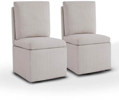 KISLOT Upholstered Dining Chairs with Casters, Modern Dining Room Chairs Set of 2 with Hidden Storage & 4 Wheels, Single Sofa Chair for Kitchen, Reading Room, Waiting Room, Linen