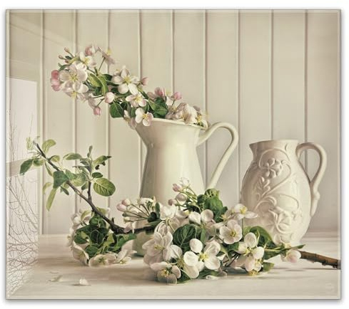 Herdabdeckplatte 60x52 cm ESG Glas | Blütenzweige in Vintage-Krug – Blumen Natur Landhaus Blumenvase | Herd Abdeckung für Ceranfeld Schneidebrett Glasplatte Induktion