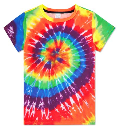 SunFocus Tie Dye Shirt Kids Size 10-12 Years Boys Rainbow T Shirts Children's Hippie Tshirts Short Sleeve Round Neck 9 Years Fashion Tees