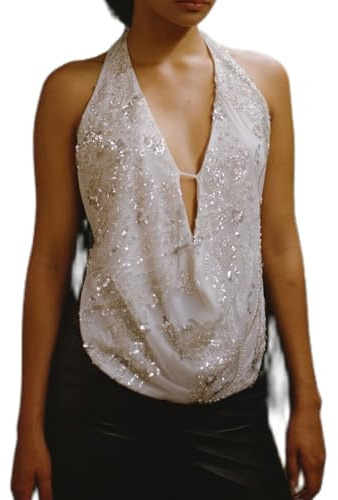 Geagodelia Damen Neckholder Sequin Tank Top Sexy Sommer Trägertop Ärmellose Rückenfreies Glitzer Oberteil Blumen Cami Crop Tops Y2k Aesthetic Clothes Camisole Outfit