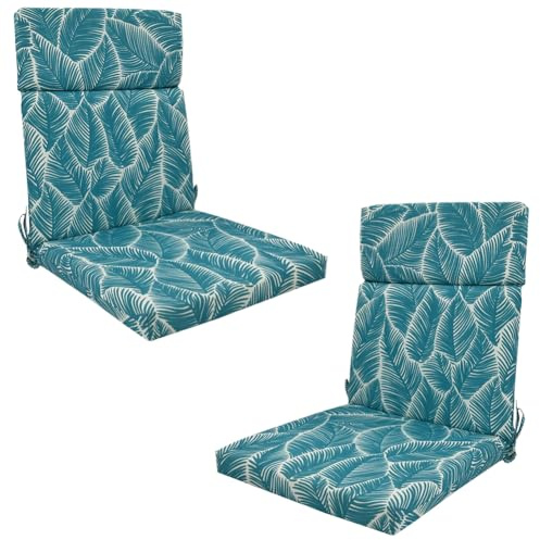 Set of 2 Waterproof High Back Garden Chair Cushions with Ties - Indoor/Outdoor Seat Pads for Patio, Loungers, Recliners & Rocking Chairs (Blue Leaves, 45 ×107 × 3cm)