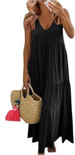 Summer Dresses for Women UK Bohemian Smocked Tiered Long Beach Sun Dresses Sleeveless Solid Maxi Dress Ladies Floral Swing Dress with Spaghetti Straps Plus Size Black XL