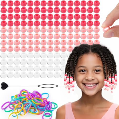150 Stück kleine Silikonperlen für Haare, 8 x 10 mm, weiche rosa gemischte Farben, Pony-Silikon-Haarperlen für Zöpfe, mit 50 Gummibändern und 1 Perle zum Flechten, DIY-Armbänder, Halsketten, Basteln