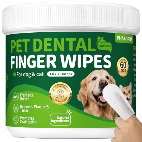 PHASORRA Dog & Cat Tooth Brushing kit - 60Ct Dog Toothbrush & Toothpaste Alternatives, Dental Care Wipes, Heavy Duty Teeth Cleaning, Remove Tartar & Plaque, Breath Freshener