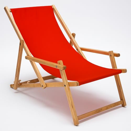 SPRINGOS Lettino da giardino in legno di faggio, regolabile in 3 livelli, rivestimento in tessuto rosso, robusto telaio in legno, impregnato, carico fino a 120 kg, ideale per giardino, balcone e