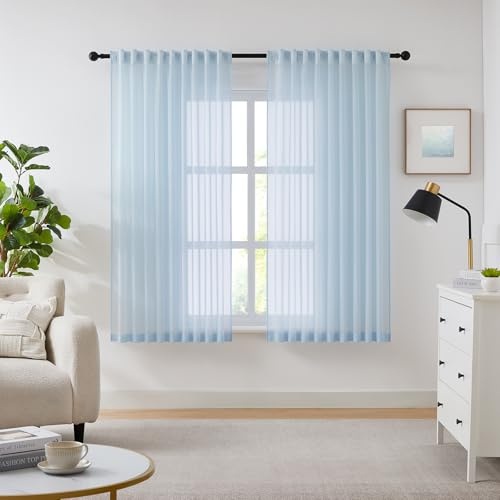Melodieux Voile Gardinen mit Kräuselband,Vorhang Transparent Sheer Voile Curtains für Wohnzimmer Schlafzimmer Kinderzimmer Himmelblau, 175×137cm (H×B) 2er Set