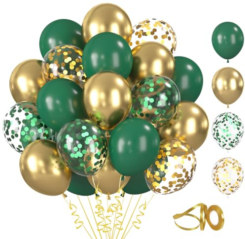 BlooMoo 60 Stück Luftballons Dunkelgrün Gold, 12 Zoll Latex Luftballons Grün Gold, Metallic Ballons und Konfetti Ballons Set, für Geburtstag Hochzeit Party Dekoration
