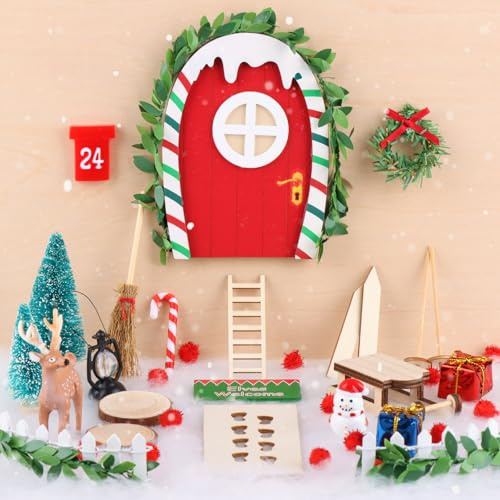Wichteltür Komplettset, 29 Pcs wichtel zubehör weihnachten, Miniatur Wichteltür Set, Weihnachtswichtel Komplettset für Kinder Wichtel Deko mit Wichtelhaus, Briefkasten, Stiefel, Zaun, Kranz, Leiter