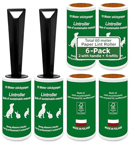 Fusselrolle 6er Set – 2 ergonomische Griffe + 4 Nachfüllrollen – Starke Klebewirkung – Entfernt Haare, Fusseln & Staub – Made in Europe