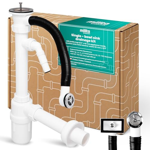 Millto Sifone A Bottiglia Per Lavello A Una Vasca 6/4'' 40 mm Scarico Anti Odore Connessione Lavastoviglie Lavatrice Plastica Filtro Metallico Cucina Installazione Semplice