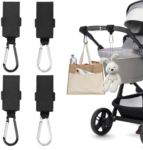 4 PCS Universal Stroller Hooks, Adjustable Buggy Clips for Pram, Bike, Shopping Cart - Heavy Duty Handle Hangers for Bags, Baby Changing, Groceries (Black & Silver)
