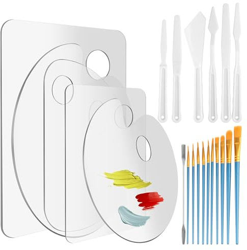 5 stycken klar akrylfärgpalett non-stick med skyddspapper + 10 penslar + 7 målarknivar | blandpalett för akrylfärger, oljefärger och konstnärstillbehör – gör-det-själv-målningspalett