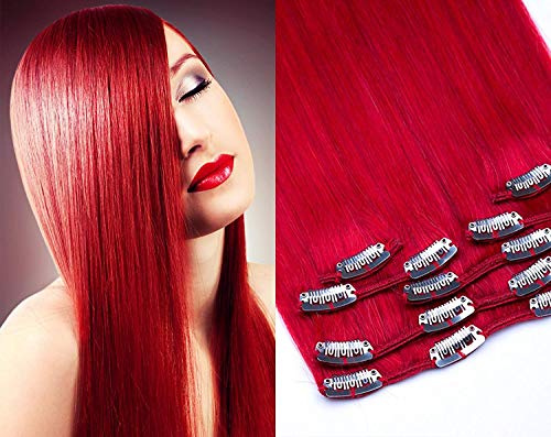 Clip In Extensions Set 100% Echthaar 7 teilig 70g Haarverlängerung 55cm Clip-In Hair Extension in der Farbe # Red