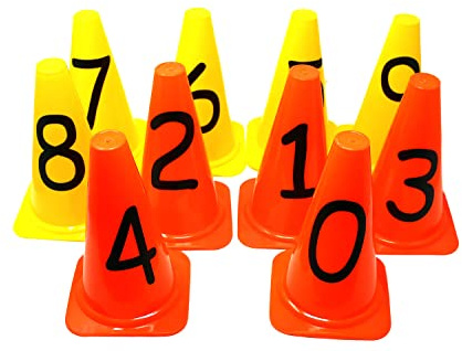 Set mit 10 Markierungskegeln | Nummern 0-9 - Höhe 23 cm | fünf gelbe und fünf orange Pylonen | Koordinationstraining, Schnelligkeitstraining