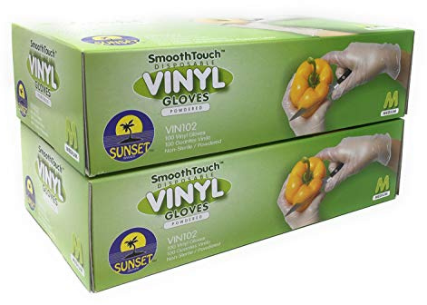 Sunset Brands 200 Disposable Vinyl Gloves, Medium Size, Non-Sterile, Easy Slip On/Off, Smooth Touch, Food Service Grade