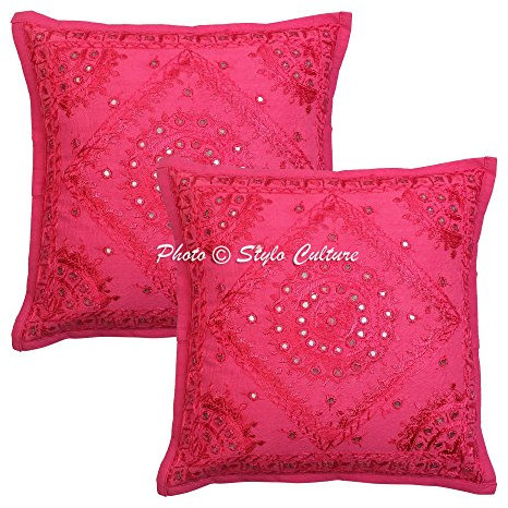 Stylo Culture Boho Forros para Cojines Decorativos 40x40 cm Algodón Espejado Fundas De Almohadones Sofa Rosa 16x16 Inch Bordado Cuadrado sobre Fundas Almohadones para Sillas - 2 Pcs