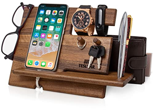 TESLYAR Soporte de Carga para Teléfonos de Madera, Organizador Móviles de Nogal Natural con Ganchos, Regalo para Hombres, Seres Queridos, Esposo o Esposa (Bronce)