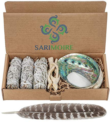Sage Smudge Kit - White Sage Smudge Sticks - 4in ~ Abalone Shell 5-6in ~ 2in Tripod Stand ~ 9-12in Feather and White Sand