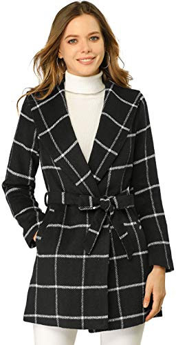 Allegra K Damen Lagnarm Schalkragen Bindegürtel Wickel Kariert Trenchcoat Mantel Schwarz S