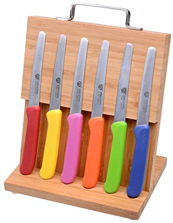 GRÄWE 6 Frühstücksmesser, Brötchenmesser, Tafelmesser, Spezial-Messerstahl, Messerblock mit Magnetplatte, Magnet Messerhalter Bambus, Edelstahlgriff, sichere Messeraufbewahrung, Bunt