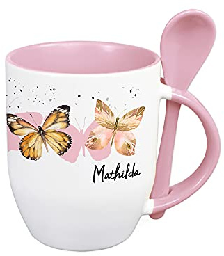 GRAZDesign Tasse mit Löffel personalisiert mit Namen und Schmetterlinge, Keramik 330ml