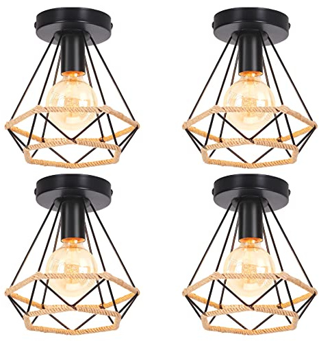 TOKIUS Deckenleuchte Industrielle Vintage Lampe Retro E27 Deckenlampe aus Metall 20CM Käfig Design Pendelleuchte mit Hanfseil für Küche Wohnzimmer Esszimmer Korridor (4 Stücke)