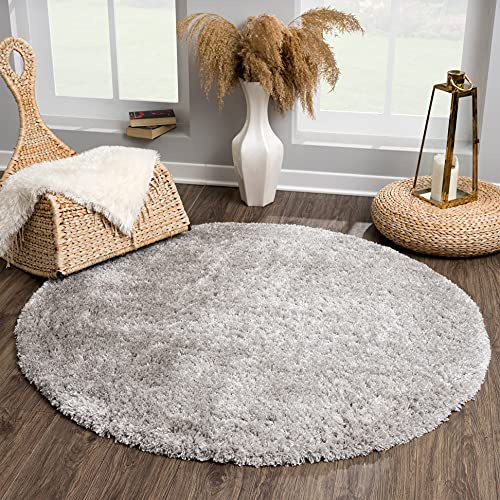 SANAT Porto Shaggy Wohnzimmer Teppich - Hochflor Zottel-Teppiche für Wohnzimmer, Schlafzimmer, Küche, Flure, Kinderzimmer - Leicht Zu Reinigen, Superweich, Modern Teppich Grau 120 cm Rund