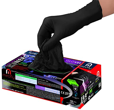 MEDFLY - 100 Guanti Nitrile Neri S, Resistenti, Guanti per Alimenti, Estetica, Laboratorio, Guanti Neri Monouso, Guanti in Nitrile Senza Polvere, Multiuso Aderenti ed Elastici