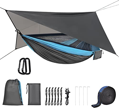 OTraki Campinghängmatta med myggnät och regnflugpresenning enkel nylon bärbar resehängmatta med trädremmar 200 kg lastkapacitet utomhus hängmatta för vandring, backpacking trädgård (blågrå)