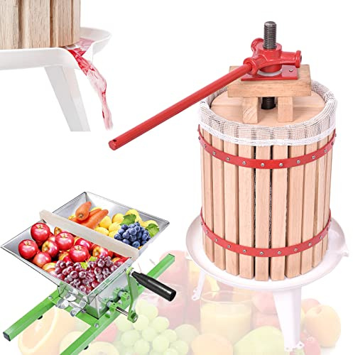 AufuN 18L Obstpresse Manuell Weinpresse Saftpresse + 7L Edelstahl Obstmühle | Fruchtpresse aus Buchenholz Maischepresse inkl Handhaben und Presstuch Traubenmühle Maischemühle Zerkleinerer für Obst