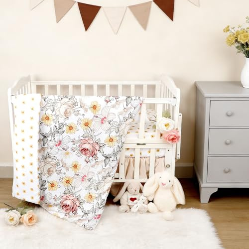 HNHUAMING 4-Piece Crib Bedding Set for Girls, Boho Baby Girl Bedding Set with Crib Skirt, Baby Quilt, Crib Sheet and Diaper Stacker, Flower