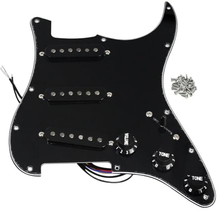 FLEOR Alnico V SSS 3-Ply Prewired Loaded Pickguard Scratchplate Backplate with Staggered Pickups Kit for ST Electric Guitars Replacement Parts Black 3Ply