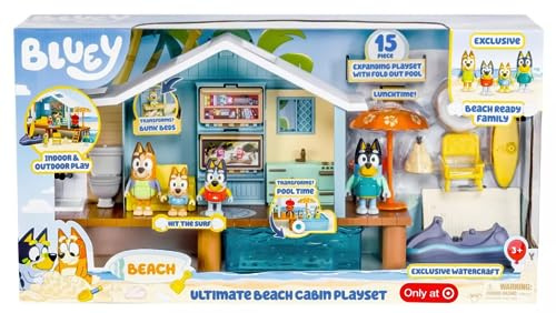 Bluey Moose Toys Family & Friends Ultimate Beach Cabin Spielset mit exklusivem Wasserfahrzeug – inklusive 15 Spielfiguren und 1 Stickerbogen